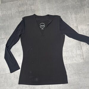 INC International Concepts Sleek Black V-Neck Long Sleeve Top, Sheer Sleeves